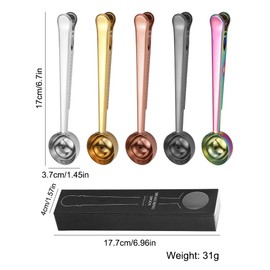 AKOAK Coffee Scoop & Bag Clamps - Great Stainless Steel Measuring Scoop with Food Seal Clamps, Tea, Coffee Beans, Protein Scoop, Oats and More, Pack of 5,5 Colors