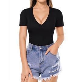 MANGOPOP Black Bodysuit V Neck Short Sleeve Tops for Women Clothing