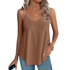 Flowy Tank Tops for Women Summer Eyelet Embroidery Tops Round Neck Fancy Camisole Tops for Women Brown M