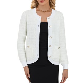 grewley Women's Chunky Knit Cardigan Sweaters Fall Tweed Blazers Long Sleeve Button Cardigan with Pockets Outerwear Jackets White M