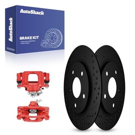 AutoShack Rear Drilled & Slotted Brake Rotors Calipers Red | Replacement for Chrysler Town & Country VW Routan Ram C/V 2008-2016 Dodge Grand Caravan | Black E-Coated | 4-PC Brake Kit | NighGuard