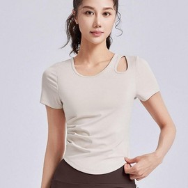 Women's Health Yoga Pilates Training Shoulder Punching Point Shirring Short-Sleeve Top Athletic Wear Pastel Pink/XL