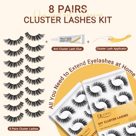 QUEWEL Lash Clusters Kit 8 Pairs Eyelash Clusters Natural Look, DIY Eyelashes Extension Kit with Cluster Lashes Applicator and Eyelash Cluster Glue, DIY Lash Extensions Kit Easy to Use at Home(QU35-C)
