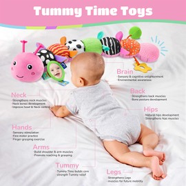 AWOTOY Baby Toys 6-12 Months Music Caterpillar Infant Toys Stuffed Animals 0-3-6 Months Teething Tummy Time Sensory Toys with Mirror Rattle&Pull String for Boys Girls Birthday Gifts|Candy Pink,Leafy