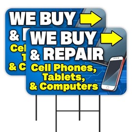 Vista Products We Buy & Repair Cell Phones Tablets & Computers 2 Pack Double-Sided Yard Signs 16" x 24" with Metal Stakes (Made in Texas)