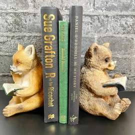 Resin Reading Fox & Bear Animal Bookends Heavy Decorative Book Shelf Stopper New