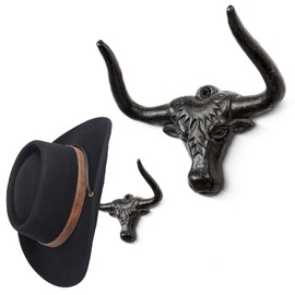 Cowboy Hat Holder for Wall Cowboy Hat Hook 2 Pack Bull Head Metal Hat Rack Cast Iron Hat Hanger Vintage Western Decor Longhorn Wall Decor Rustic Hooks for Closet Bedroom Living Room Western Gifts