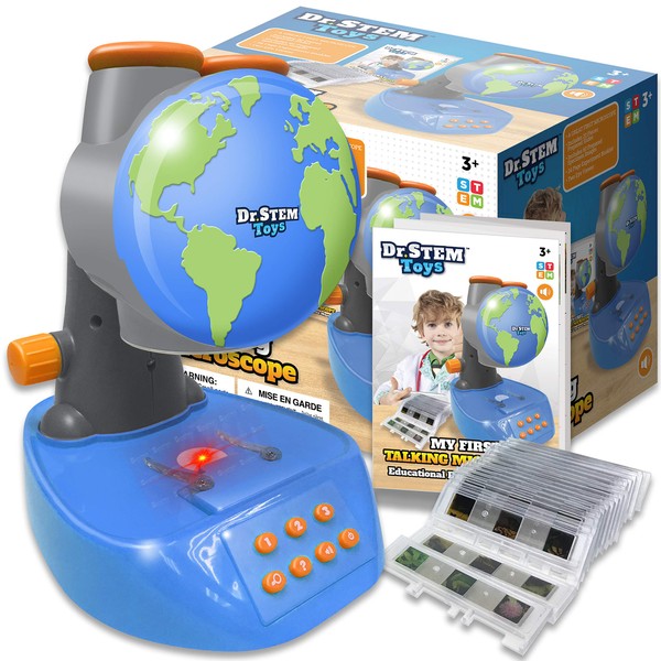 Dr. STEM Toys - Talking Microscope for Kids with Twenty Slides Containing Sixty Specimens, Over 120 Quiz Facts, Adjustable Focus, and Light-Up Platform