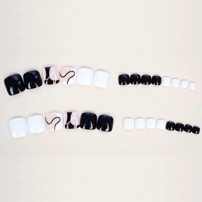 Press on Toenails with Line Designs, Artificial Black White Fake