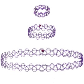 Expressions 3pc Assorted Tattoo Stretch Jewelry Collection - Purple Tattoo Choker Necklace, Bracelet & Ring Set - Stretchy Tattoo Effect Jewelry Accessories For Kids And Adults