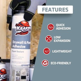 KRAKEN BOND Drywall & Panel Adhesive Foam - (2X24oz) Heavy-Duty, Fast-Curing Construction Adhesive for Concrete, Wood, and Heat Insulation Applications - 2 Pack