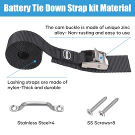 EXVITAL Battery Tie Down Strap Hold Down Kit, 1" x 78" Cooler Tie Down Kit with Non-Rusting Cam Buckle, Stainless Steel Bracket & SS Screws for RV Battery,Luggage Belt (2 Pack)…