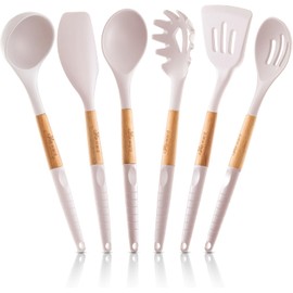 Cookward Silicone Cooking Utensils Set (6 pcs) Natural Wood Kitchen Utensils – Eco Friendly & BPA Free, Non-Scratch & Non-Stick Easy Grip -White