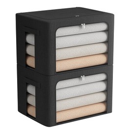 2 Pack Clothes Storage Bins - Stackable Metal Frame Storage Box Foldable Linen Fabric Box Organizer with Carrying Handles and Clear Window-36L (Black, 15.7X 11.8X 11.7 Inch)