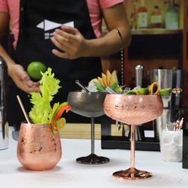 Sky Fish 14 oz Etching Martini Cocktail Glasse,Copper Plated Stainless Steel,Set Of 2 With 2 Cocktail Picks