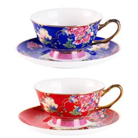 KAMMAK Porcelain Espresso Cups with Saucers, Ceramic Coffee Cups with Saucers Set of 2, 5.64oz Handcrafted Cappuccino Cups, Non-Toxic Durable Vintage Tea Cups Drinkware for Party, Home, Office, Gifts