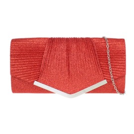 Girly Handbags Pleated Glitter Metallic Frame Evening Clutch Bag for Women, red