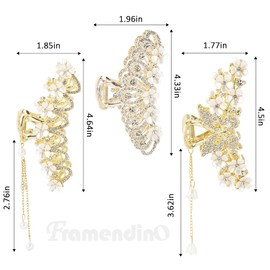 Framendino, 3 Pack Jasmine Metal Hair Claw Clip Gold Large Non-Slip Rhinestones Flower Claws Barrettes with Tassel for Women