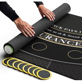 Newverest Blackjack Mat 70" x 35", Blackjack Table Top for Home Game Nights with Friends | Black Jack Casino Table Topper, Poker Mat Layout in Zipper Storage Bag with 8 Coasters in Gift Box (Black)