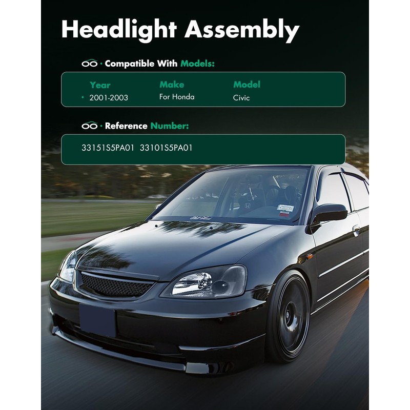 SCITOO Headlights for 2001 2002 2003 for Honda Civic Pair