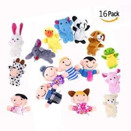 OFKPO 16 PCS Soft Finger Puppets Set Educational Toys Cartoon Animal Toy Including 10 PCS Animal and 6 PCS Family Members