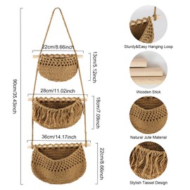 Hanging Fruit Basket for Kitchen, 3 Tier Handmade Natural Jute Wall Baskets for Organizing, Boho Style Fruit Vegetable Storage Basket, Over the Door Organizer for Kitchen, Bedroom, Bathroom