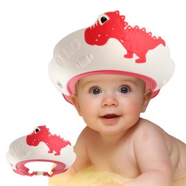Baby Shower Cap Shield, Shower Cap for Kids, Visor Hat for Eye and Ear Protection for 0-9 Years Old Children, Cute Dinosaur Shape Makes the Baby Bath More Fun (Red)