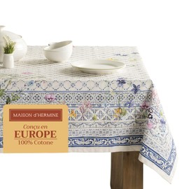 Maison d'Hermine Tablecloth, 100% Cotton, 160 cm x 220 cm, Washable, Square Tablecloth, Decorative Tablecloth for Mother's Day Gifts, Dining, Buffet Parties and Camping, Faience, Spring/Summer