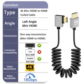 GELRHONR 4K Mini HDMI to HDMI Spiral Cable, Ultra Thin Mini HDMI Cable Short, 18Gbps 3D 4K / 60Hz High Speed HDMI Spring Cable, Support 3D, for DSLR Camera Camcorder, HDTV, Laptop (Left Angle)