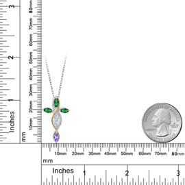 Cross Necklace For Women In 925 Silver and 10K Yellow Gold with White Moissanite and Nano Emerald and Tanzanite | 1.25 Cttw | Jesus Christian Religious Crucifix | Marquise 8X4MM | With 18 Inch Chain