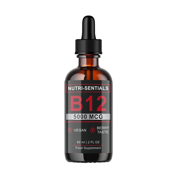 Vitamin B-12 Liquid Drops - 5000 mcg Methylcobalamin High Strength Supplement, for Increasing Metabolism, Immunity, Energy and Improving Concentration & Mood - Vegan Berries Flavour, 60ml