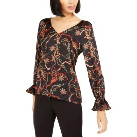 Bar III Women's Printed V-Neck Top Blouse  Charcoal Size X-Small Long Sleeve