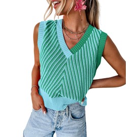 MARZXIN Women Sleeveless Sweater V Neck Casual 2025 Knitted Chevron V Neck Sweater Vest Color Block Pullover Sweater Top Lake Green M