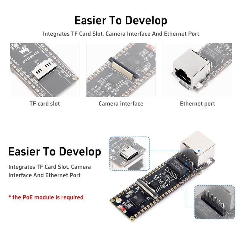 KLAYERS ESP32-S3R8 Ethernet Development Board with Wi-Fi, Bluetooth, PoE Power,