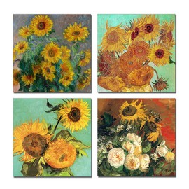JXBYJP Twelve Sunflowers Vincent Van Gogh Classic Oil Paintings Reproduction Print Home Bathroom Wall Art Vintage Floral Picture for Bedroom Living Room Wall Decor Frame 4 Pieces 12x12inch
