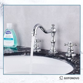 Widespread Bathroom Sink Faucet Double Cross Knobs Polish Chrome 3 Hole Mixing Tap Deck Mount with Pop Up Drain
