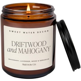 Sweet Water Decor Driftwood and Mahogany Soy Candle - Fresh Lavender, Geranium, Warm Mahogany, and Earthy Wood Scented Candles for Home - 9oz Amber Jar + Metal Lid, 40+ Hour Burn Time, Made in the USA