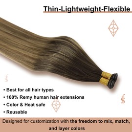 Full Shine Genius Weft Hair Extensions Hand Tied Weft Human Hair Extensions Sew In Hair Extensions Color Dark Brown To Ash Brown Mix Blonde Straight Human Hair Weft Extensions 20 Inch 60G