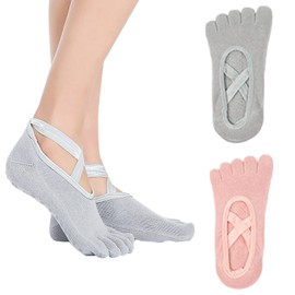 Xugoox 2 Pairs Non Slip Yoga Socks for Women, Non Skid Full Toe Socks Grip Socks Toe Separated Socks with Strap for Ballet, Dance, Pilates, Barefoot Workout(Grey, Pink)