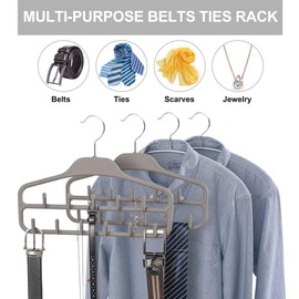 FairyHaus Belt Hanger Organizer 2 Pack, Non Slip Tie Rack Holder, Durable Hanging Closet Accessory Hooks for Belts, Ties, Jewelry, Scarves, Tank Tops, Grey