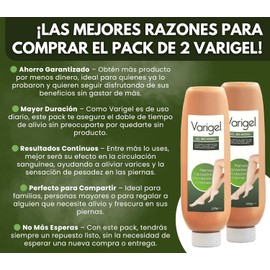 Varigel 225gr - PAQUETE 2 PIEZAS - Gel para Piernas Cansadas y Varices - con Hammamelis, Castaña de Indias, Aloe Vera y Gingko Biloba - Relaja y Ayuda a Mejorar la Apariencia en Piernas