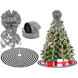 Christmas Tree Decoration set Include Christmas Tree Topper Bow, Decorative Strips Ribbon, Christmas Tree Skirt with Annual Ring for Farmhouse, Wreath Crafts Decorations(Classic Style, 31.5 Inch)