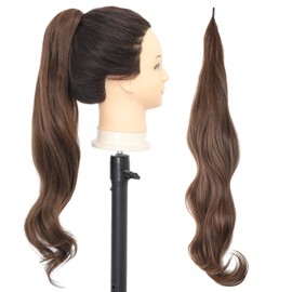 Chicmoi- Extensin de cola de caballo marrn de 32 pulgadas, flexible, envolvente, 8, extensiones de cabello de cola de caballo ondulada larga,...      