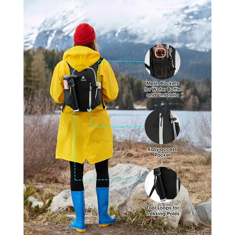 VPBAGE Hiking Daypack, Black, Small, Daypack Backpacks