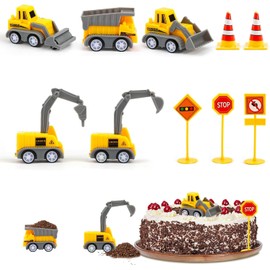 Baustellenfahrzeuge Kinder, 10 Stück Bagger Tortendeko, Mini Bagger Kuchendeko Spielzeug mit Verkehrsschildern, Baufahrzeuge für Geburtstag Junge Mädchen 2 3 4 5 Jahre
