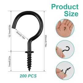 Jinsion Pack of 200 Small Screw Hooks, Black, 1/2 Inch Small Hooks for Screws, Stainless Steel Screw Hooks, Hook Screws, Cup Hooks, Ceiling Hooks for Plants, Cups, Art Decorations