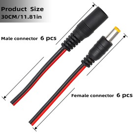 TNSLAND 6 Pairs DC Cable, 18AWG DC 12V 5A 5.5 x 2.1 mm Male Female DC Power Pigtail Cable, DC Barrel Plug for CCTV Security Camera, Surveillance