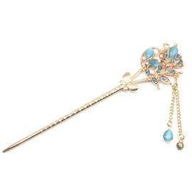 Miaomyao Kanzashi Kanzashi, One Piece Kimono with Closed Sleeves, Hair Ornament, Metal, Cubic Zirconia, Butterfly, Flower, Pink Gold, Hair Accessory (Blue)