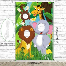 DPKOW Jungle Safari Animals Birthday Party Photo Prop, Fabric Jungle Animals Wild One Backdrop Door Banner, Funny Jungle Animals Face in Hole Game for Jungle Safari Party Decoration
