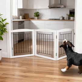 ZJSF Freestanding Foldable Dog Gate for House Extra Wide Wooden White Indoor Puppy Gate Stairs Doorways Pet Gate Tall Dog Fence 3 Panels Fence